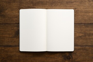 Create a blank notepad on a wooden surface with white pages for design purposes