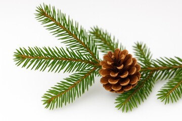 Christmas ornament featuring a pine cone on a fir branch against a plain white backdrop