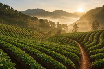 Fototapeta premium Dawn at the berry plantation shrouded in fog