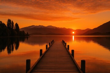Obraz premium Sunrise over a tranquil lake with a pier and vibrant orange sky