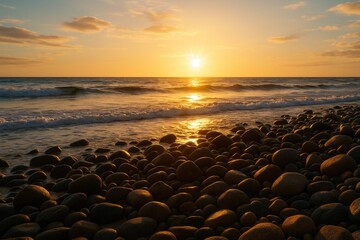 Sunset view of a rugged shoreline captured from a low perspective with shimmering ocean reflections