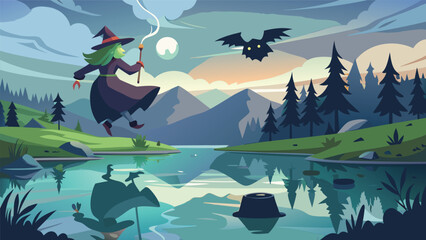 Cartoon witch flying over a lake with a bat and mountains in the background at dusk in a forest scene