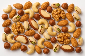 Mix of assorted nuts displayed on a plain white background