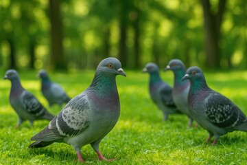 Fototapeta premium Birds perched on the lawn in a green space