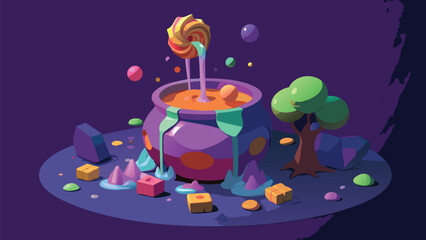 Cauldron with swirling lollipop and colorful candies in a magical, low poly, fantasy landscape view