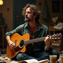 Obraz premium A man playing guitar alone in a messy room - creative chaos