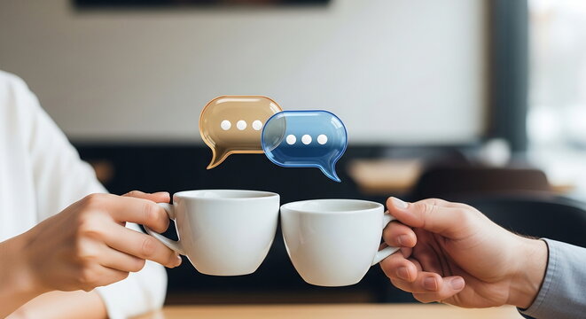 Business networking discussion over coffee with chat bubble icons