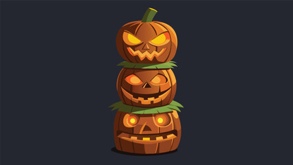 A stack of three jack o lanterns with glowing faces and green leaves on a dark background image
