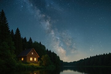 Fototapeta premium A tranquil home surrounded by a starry night sky in the woods