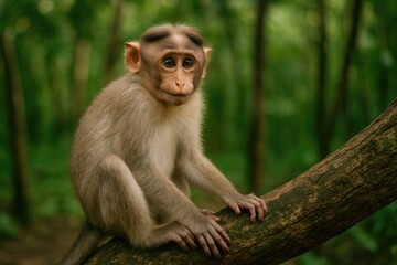 Fototapeta premium A playful monkey resting peacefully on a tree branch in a lush forest