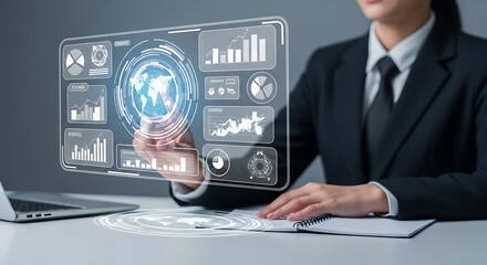 A businesswoman interacts with a holographic display showing charts, graphs, and a world map, indicating data analysis and technological interface.