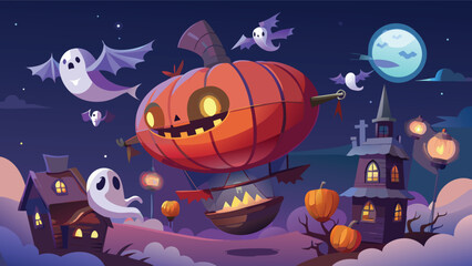 A halloween night scene with a pumpkin airship, ghosts, bats, and haunted houses in the background
