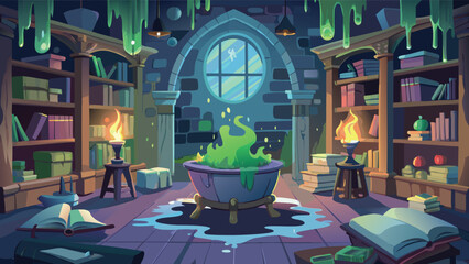 A witch's room with a cauldron bubbling with green potion and candles illuminating the scene indoors
