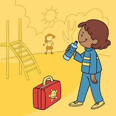 Illustration of a child drinking water near a playground with a suitcase and another child present