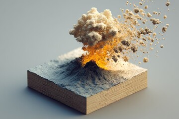 Miniature volcano erupting, light beige colored cloud, wooden base