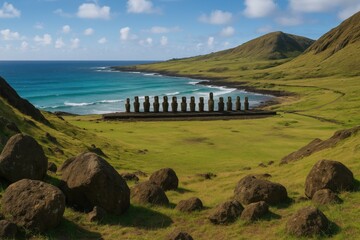 View of Moai Statues at Ahu Tongariki from Rano Raraku Volcano