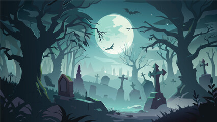 A spooky graveyard scene with tombstones, trees, bats and a full moon in the night sky background