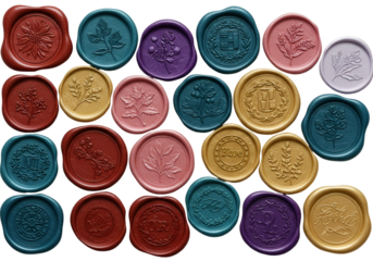 Isolated Collection of Colorful Vintage Wax Seals Stamps on Transparent BG
