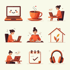 A collection of nine cartoon illustrations depicting remote work, including a laptop, coffee, and a woman working from home.
