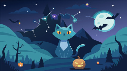 Illustration of a halloween night scene with a cat pumpkins bats moon and constellations in the sky