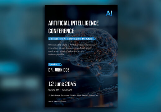 Editable Artificial Intelligence Conference Flyer Template &ndash; Futuristic Brain Circuit Design for A4 CMYK Print