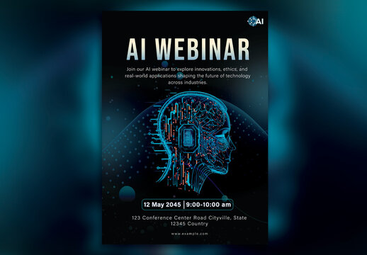 Editable AI Webinar Flyer Template &ndash; Futuristic Neural Head Design for A4 CMYK Print