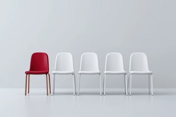 Red chair standing out among white chairs in minimalist setting
