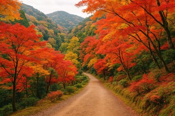 Obraz premium Autumn scenery along a mountain path with vibrant foliage
