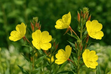 Obraz premium The flowering season of common evening-primrose begins in July. This plant belongs to the Onagraceae family and is known for its vibrant blooms.