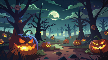 A spooky halloween night scene with glowing pumpkins and dark trees under a bright full moon light