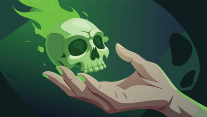 A ghostly green skull with flames hovering over a hand in a dark and mysterious illustration