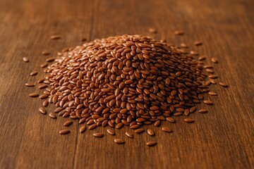 Close-up of grain heap on rustic wooden surface with blurred background
