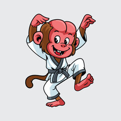Cute uakari in karate pose, wearing a white gi with gray belt in a cartoon character illustration
