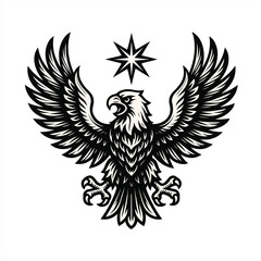 Obraz premium Vintage Eagle Heraldic Emblem Vector Black and White Flying Eagle with Star, perfect for Tattoo, Crest, Logo, and T-Shirt Design