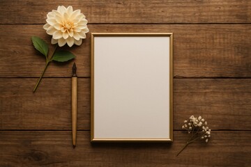 Naklejka premium Elegant branding template for showcasing your designs. Adorable retro mockup on a wooden surface. Top-down flat lay perspective.
