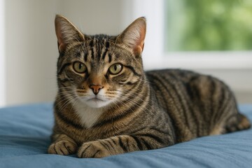 Naklejka premium A striped feline relaxes on a turquoise bedding surface.