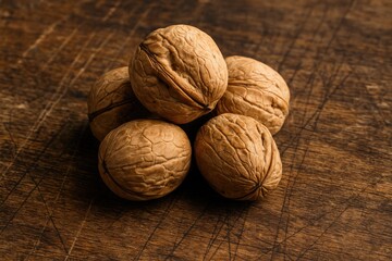 A handful of five walnuts resting on a vintage weathered wooden surface