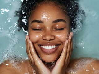 Young African American woman cleansing face in serene bathroom
