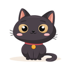 Adorable black cat with large eyes and a red collar, depicted in a playful flat style