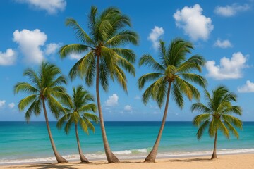 Obraz premium Lush tropical palms by the shoreline beneath a cloudy sky