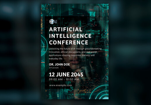 AI Conference Flyer &ndash; Futuristic Green Tech A4 Poster Template for Artificial Intelligence Events
