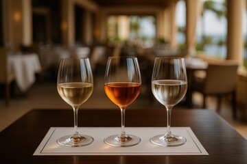 Three beverage glasses containing white wine, amber wine, and water on a tasting mat during a wine sampling event at a resort.