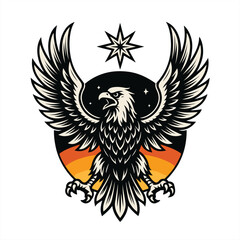Obraz premium Retro Vintage Eagle Emblem Vector Flying Eagle with Sunset Background and Star, perfect for T-Shirt, Tattoo, and Logo Design