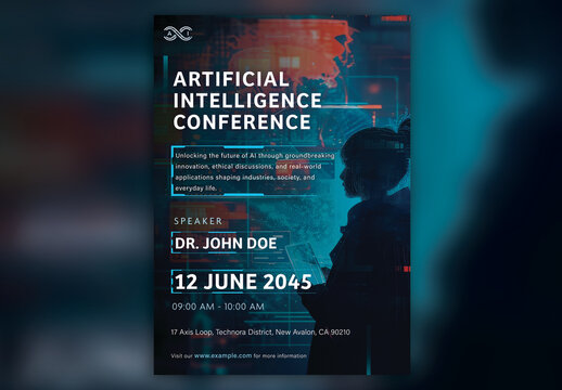 Artificial Intelligence Conference A4 Flyer &ndash; Futuristic Glitch Style Tech Poster Design for Innovation Events
