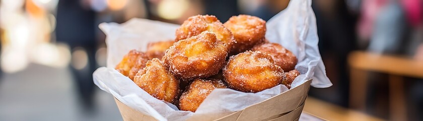 A delicious paper cone of fresh golden fried dough pastries