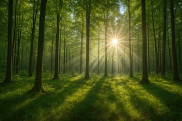 Fototapeta premium Dappled sunlight filtering through ancient woods in a nature series