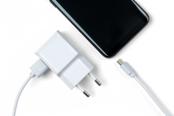 Minimal mobile phone charger with USB cable and smartphone. Transparent background PNG. Modern digital device concept, clean tech gear for charging portable electronics.