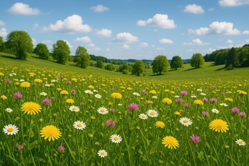 Blooming spring meadow in a peaceful rural landscape