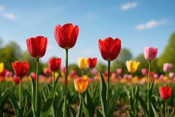 Obraz premium Garden filled with blooming tulips and a natural backdrop
