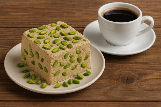 Classic Eastern sweet treat featuring pistachio halva alongside a coffee cup, displayed on a rustic wooden surface. Sweet delicacies from the Middle East scene.
